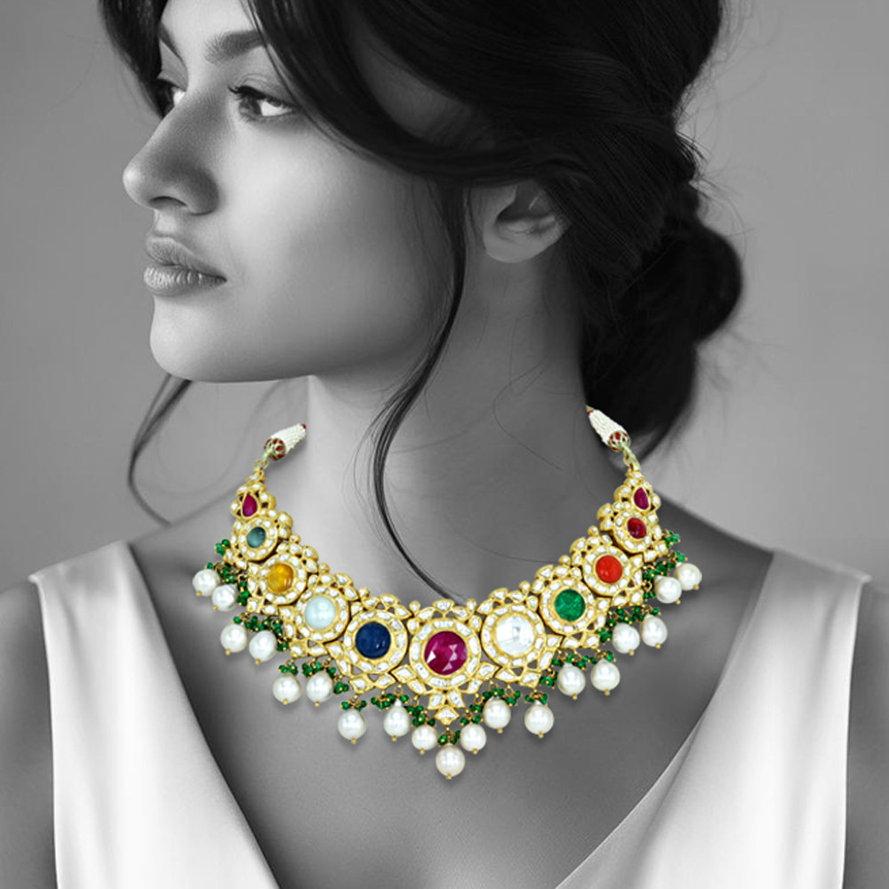 Navaratan Necklace with Polki Diamonds, Pearls, and Emerald Beads